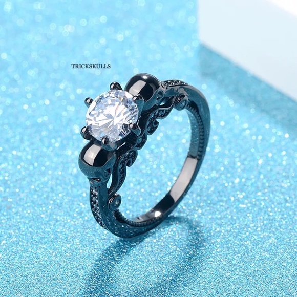 Dark Anodized Silver Double Skull Round Cut Cubic Zirconia Pave Ring 6 7 8 9 10 - Picture 5 of 8